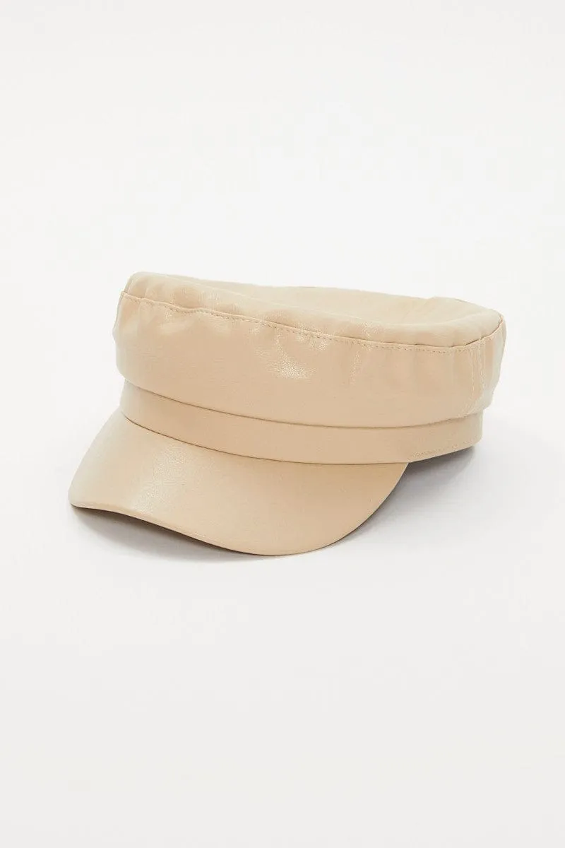 White Faux Leather Baker Boy Hat